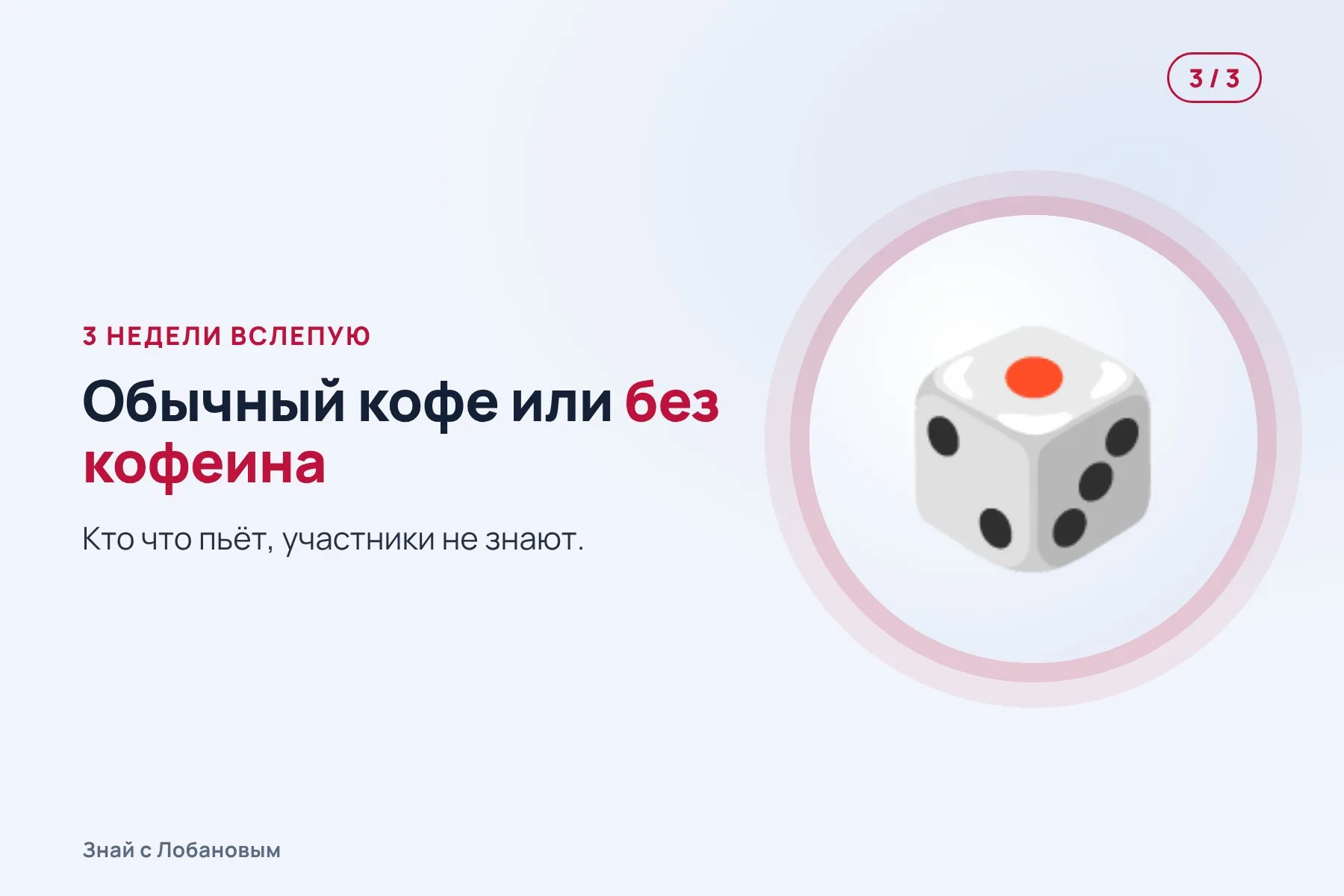 1. Обычные дни: 3–5 чашек кофе. Иллюстрация: «Знай с Лобановым» по данным Nature Communications, условно · 2. 14 дней совсем без кофе. Иллюстрация: «Знай с Лобановым» по данным Nature Communications, условно · 3. Три недели — обычный кофе или без кофеина, вслепую. Иллюстрация: «Знай с Лобановым» по данным Nature Communications, условно — 3 из 3