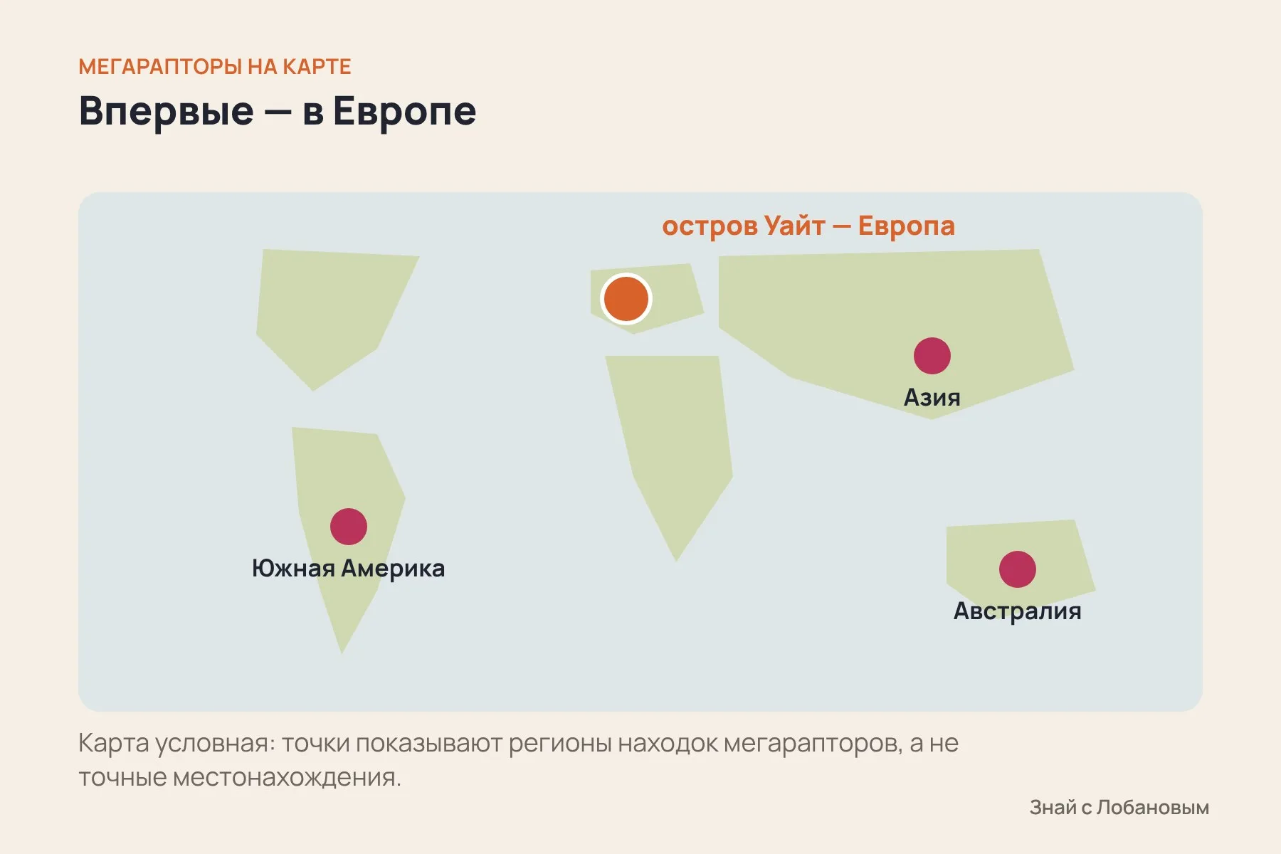 Где находили мегарапторов: Южная Америка, Австралия, Азия — и теперь Европа (остров Уайт). Схема: «Знай с Лобановым» по данным Royal Society Open Science, условно
