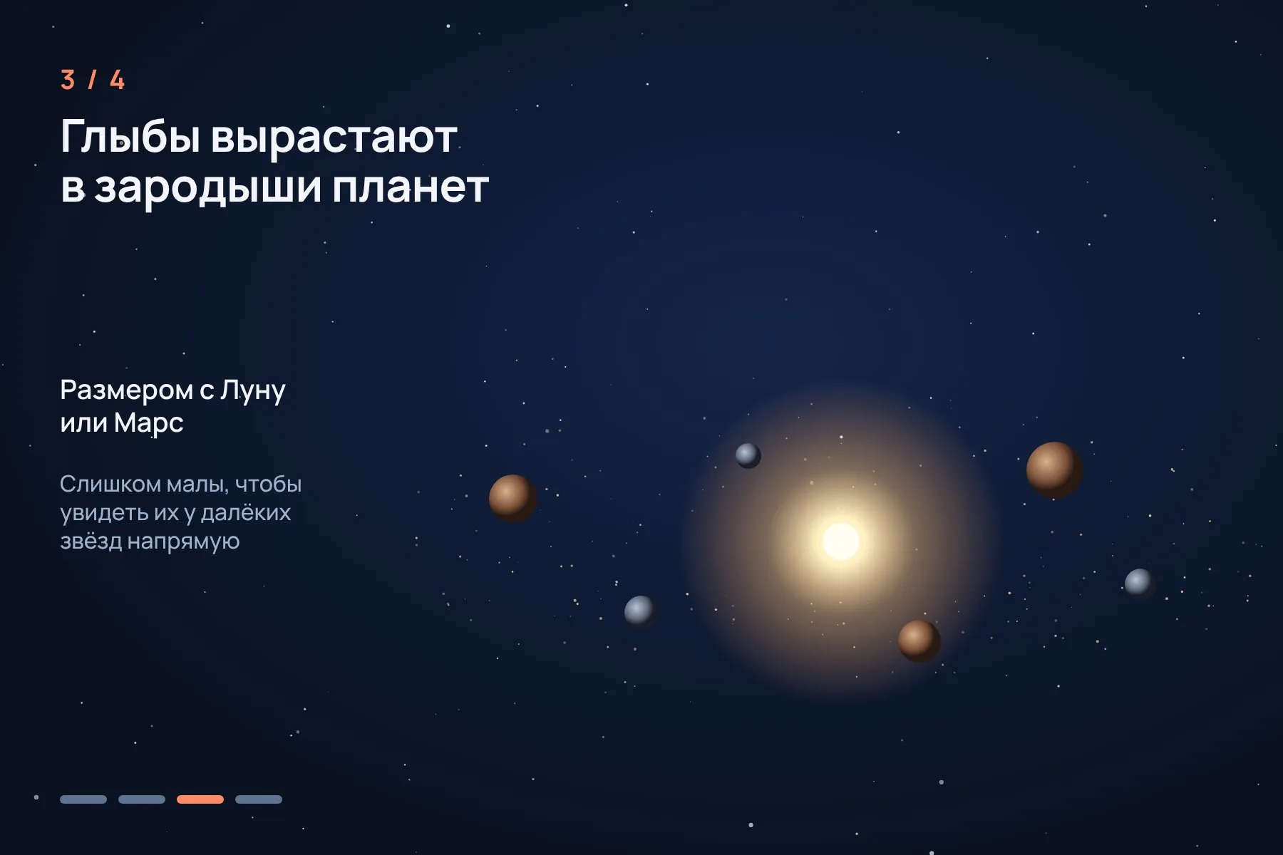 1. Вокруг молодой звезды кружит диск из газа и пыли · 2. Пылинки слипаются в камешки, камешки в глыбы · 3. Глыбы вырастают в зародыши планет размером с Луну или Марс · 4. Зародыши сталкиваются, и после удара остаётся облако раскалённой пыли, заметное в инфракрасном свете. Иллюстрация: «Знай с Лобановым» — 3 из 4