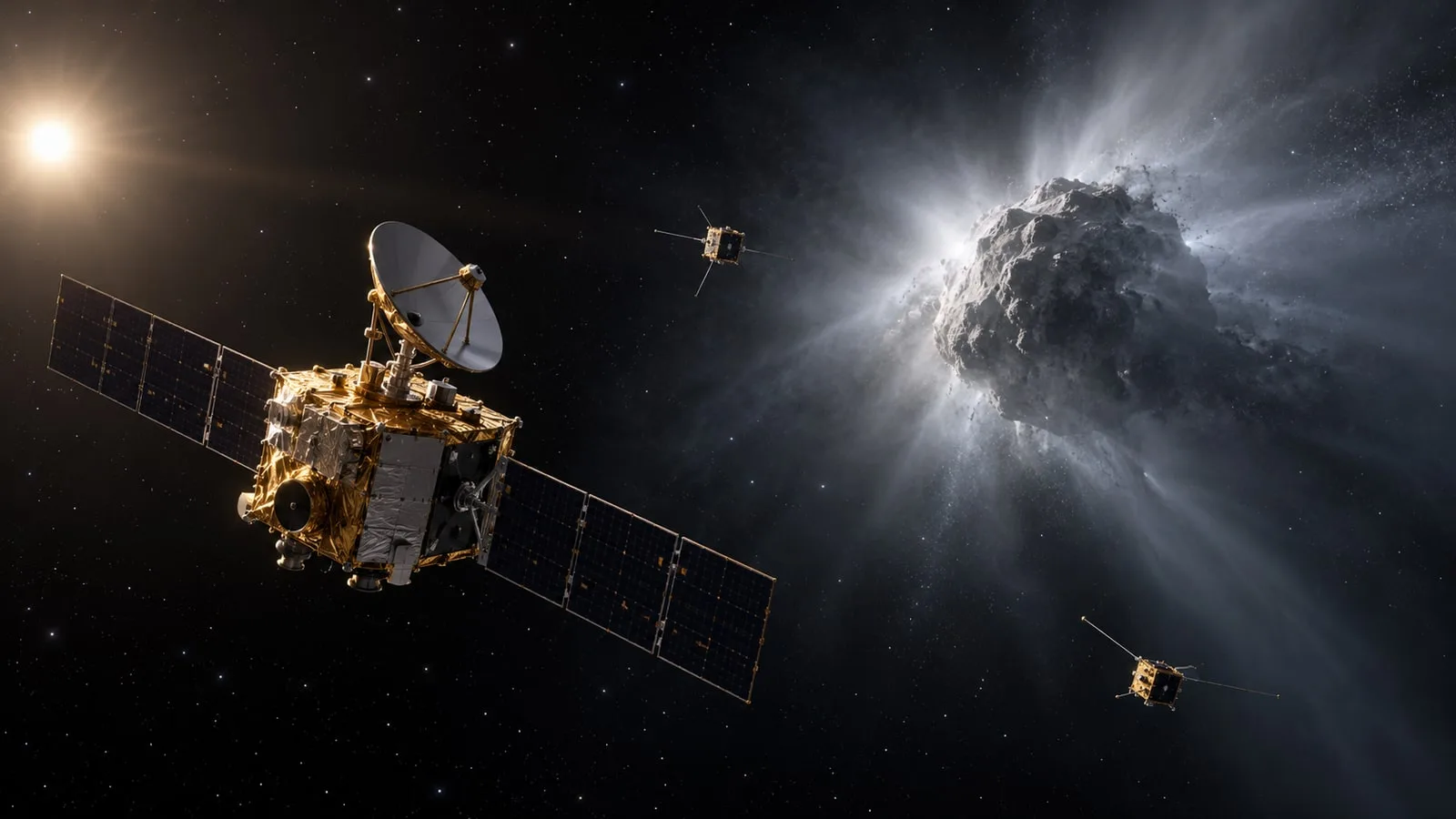 Концепция Comet Interceptor: основной аппарат и два малых зонда для исследования новой кометы. Фотореалистичная ИИ-иллюстрация по мотивам миссии ESA, не точная модель конструкции и не снимок состоявшегося пролёта.