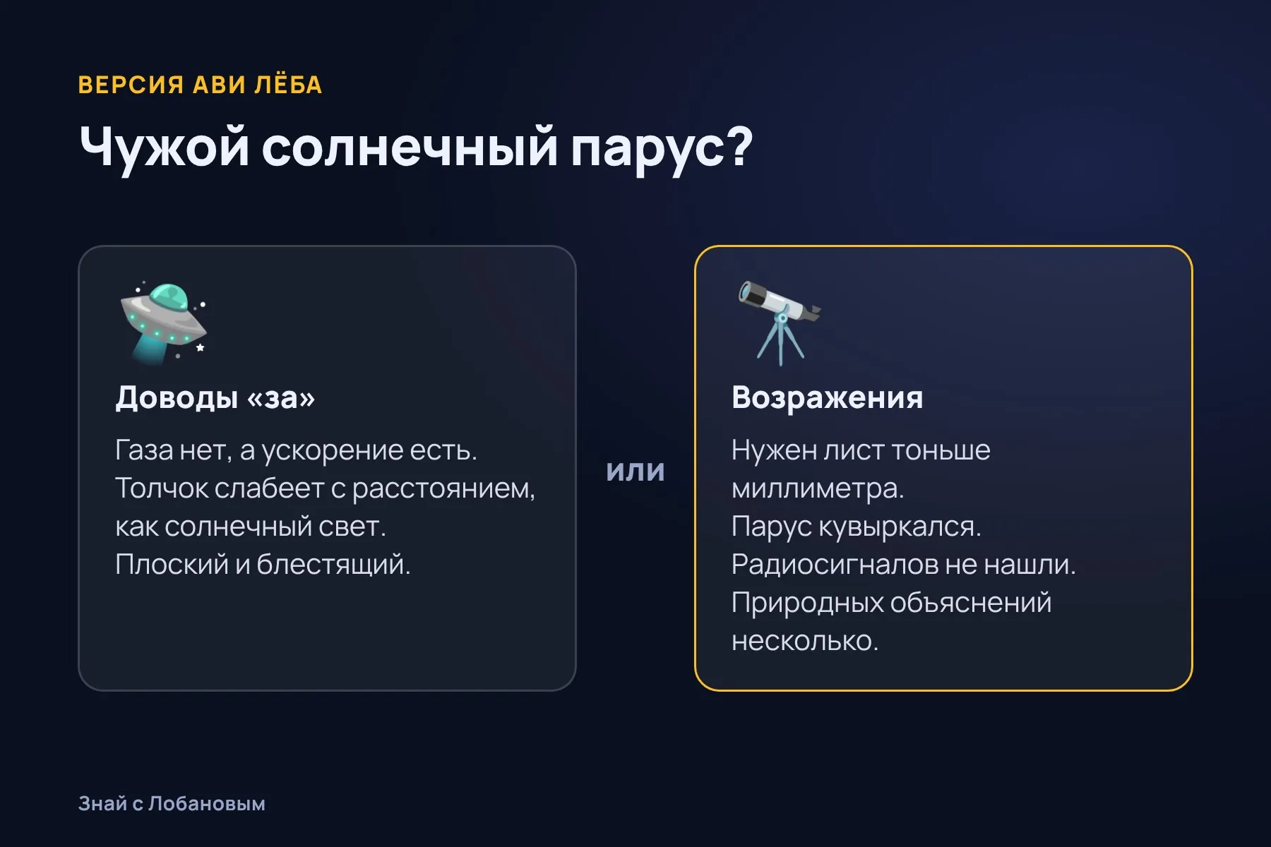 Две стороны спора: доводы за искусственное происхождение и возражения большинства астрономов. Схема: «Знай с Лобановым» по данным The Astrophysical Journal Letters и Nature Astronomy