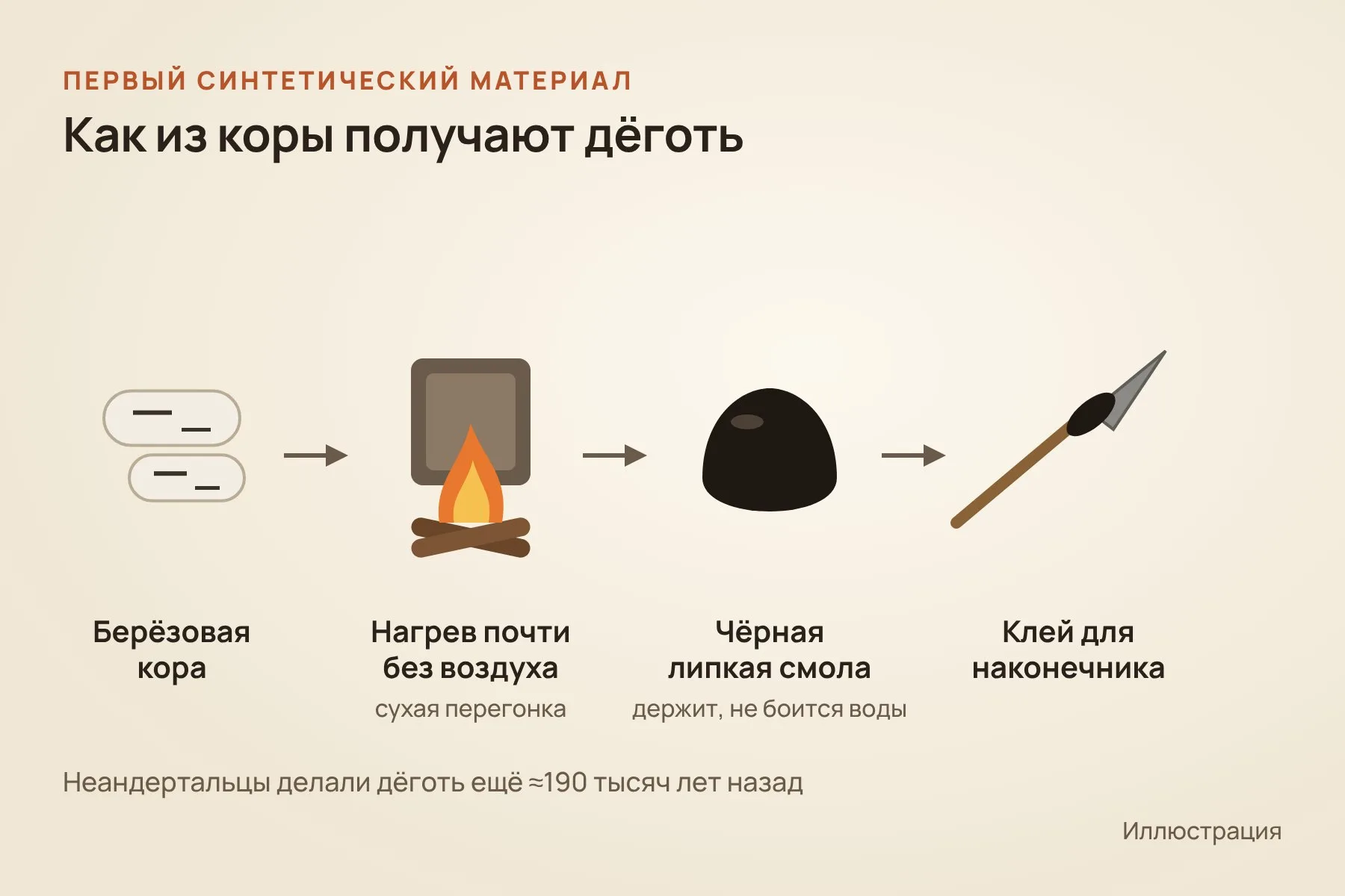 Берёзовую кору нагревают почти без доступа воздуха, получается чёрная липкая смола, которой крепили наконечники. Иллюстрация: «Знай с Лобановым»