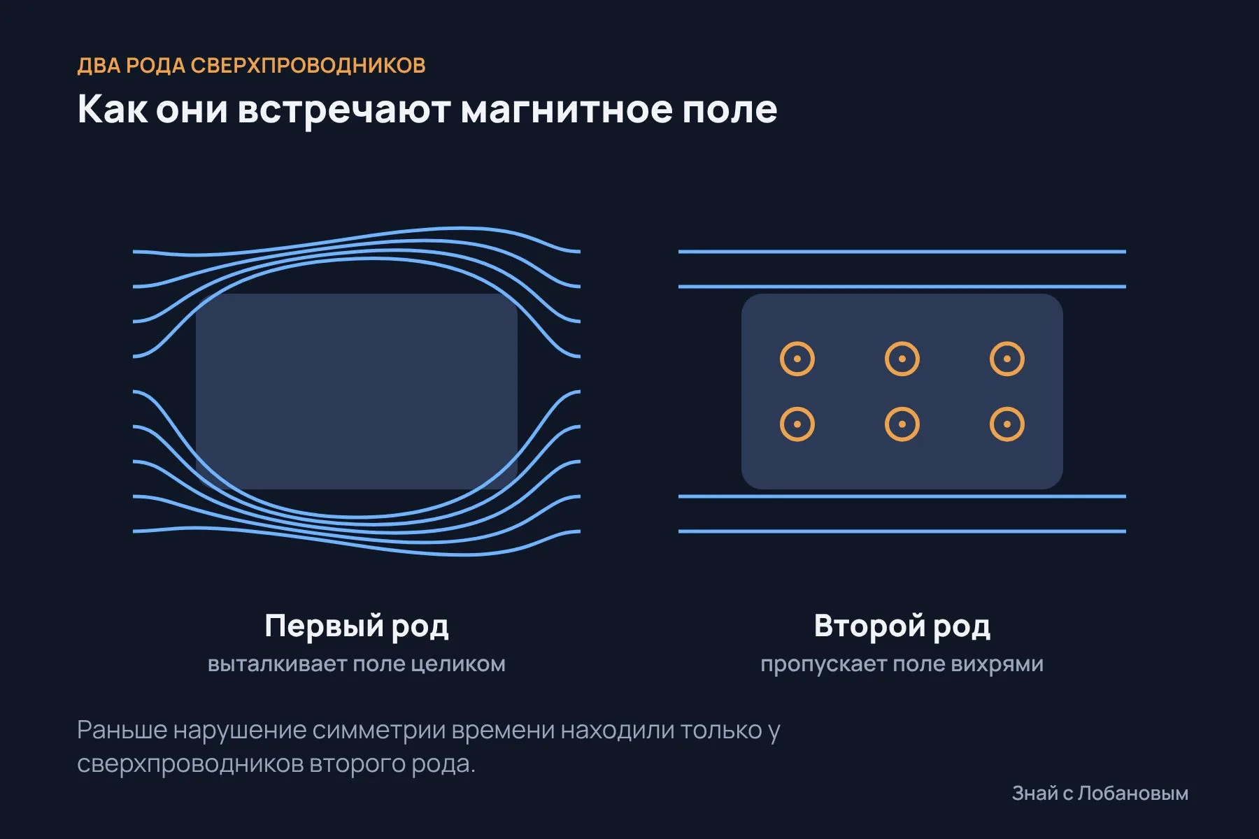 Сверхпроводник первого рода полностью выталкивает магнитное поле, второго рода — пропускает его тонкими вихрями. Схема: «Знай с Лобановым», условно