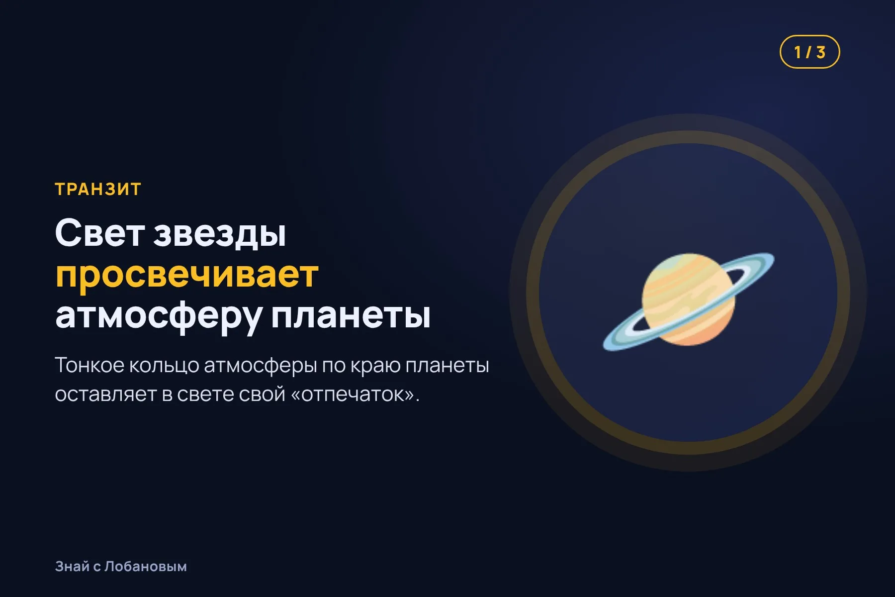 1. Планета проходит перед звездой, и свет просвечивает сквозь кольцо её атмосферы. Иллюстрация: «Знай с Лобановым» по данным Nature Astronomy, условно · 2. Обычно весь свет кольца складывают в один усреднённый сигнал. Иллюстрация: «Знай с Лобановым» по данным Nature Astronomy, условно · 3. Новый метод разбивает кольцо на участки и показывает «горб» на вечерней стороне. Иллюстрация: «Знай с Лобановым» по данным Nature Astronomy, условно — 1 из 3