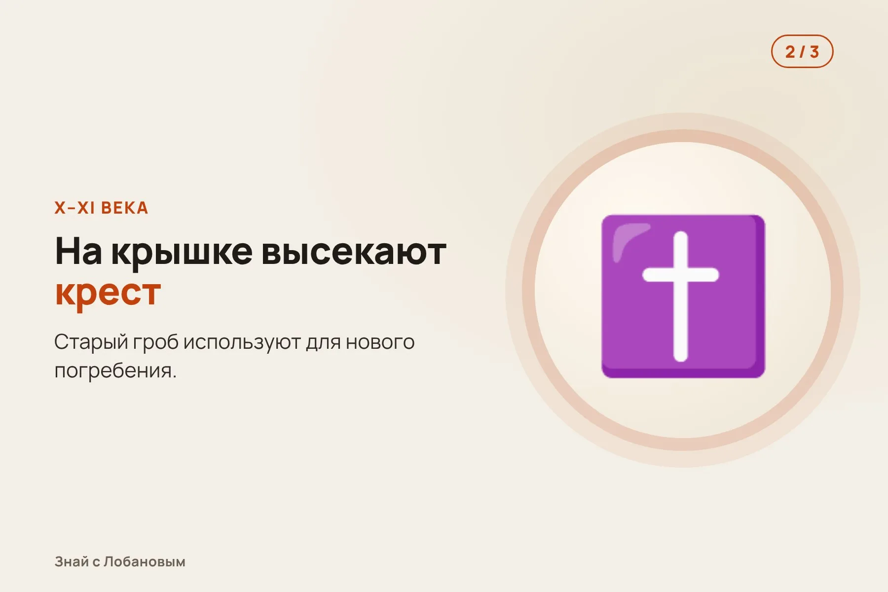 1. IV век: каменный саркофаг делают для римлянина Валерия Амандина. Иллюстрация: «Знай с Лобановым» по данным Journal of the British Archaeological Association, условно · 2. X–XI века: на крышке высекают крест, и в гроб кладут другого человека. Иллюстрация: «Знай с Лобановым» по данным Journal of the British Archaeological Association, условно · 3. Наши дни: радиоуглерод показывает, что человек умер в 987–1052 годах. Иллюстрация: «Знай с Лобановым» по данным Journal of the British Archaeological Association, условно — 2 из 3