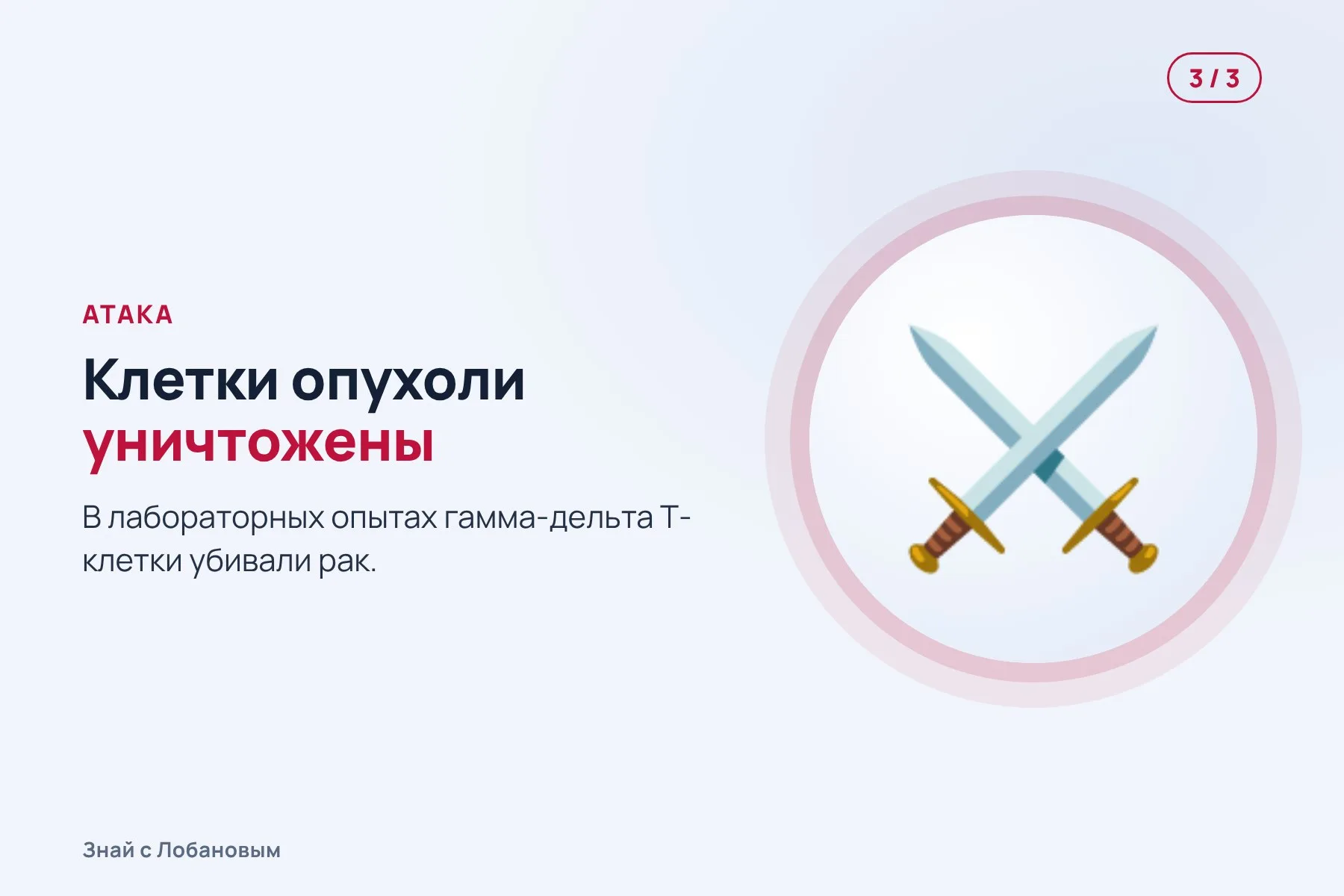 1. Обычные Т-клетки не видят опухоль: она убрала с поверхности «флажки» MHC-I. Иллюстрация: «Знай с Лобановым» по данным Cancer Cell, условно · 2. Гамма-дельта Т-клетки замечают признаки стресса в раковой клетке. Иллюстрация: «Знай с Лобановым» по данным Cancer Cell, условно · 3. Они атакуют и убивают клетки опухоли. Иллюстрация: «Знай с Лобановым» по данным Cancer Cell, условно — 3 из 3