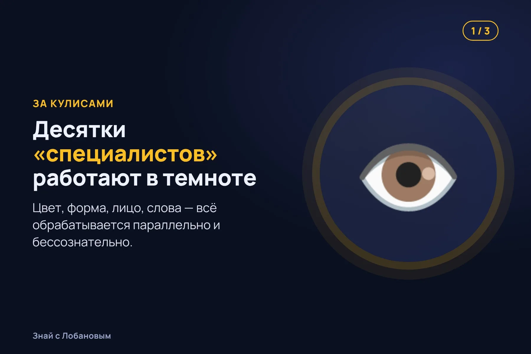 1. Глаз видит лицо — десятки «специалистов» мозга обрабатывают его параллельно и бессознательно. Иллюстрация: «Знай с Лобановым» по данным теории глобального рабочего пространства, условно · 2. Сигнал выигрывает конкуренцию — сеть лобной и теменной коры «вспыхивает». Иллюстрация: «Знай с Лобановым» по данным теории глобального рабочего пространства, условно · 3. Информация разносится по всему мозгу: её можно назвать, запомнить, учесть в решениях. Иллюстрация: «Знай с Лобановым» по данным теории глобального рабочего пространства, условно — 1 из 3