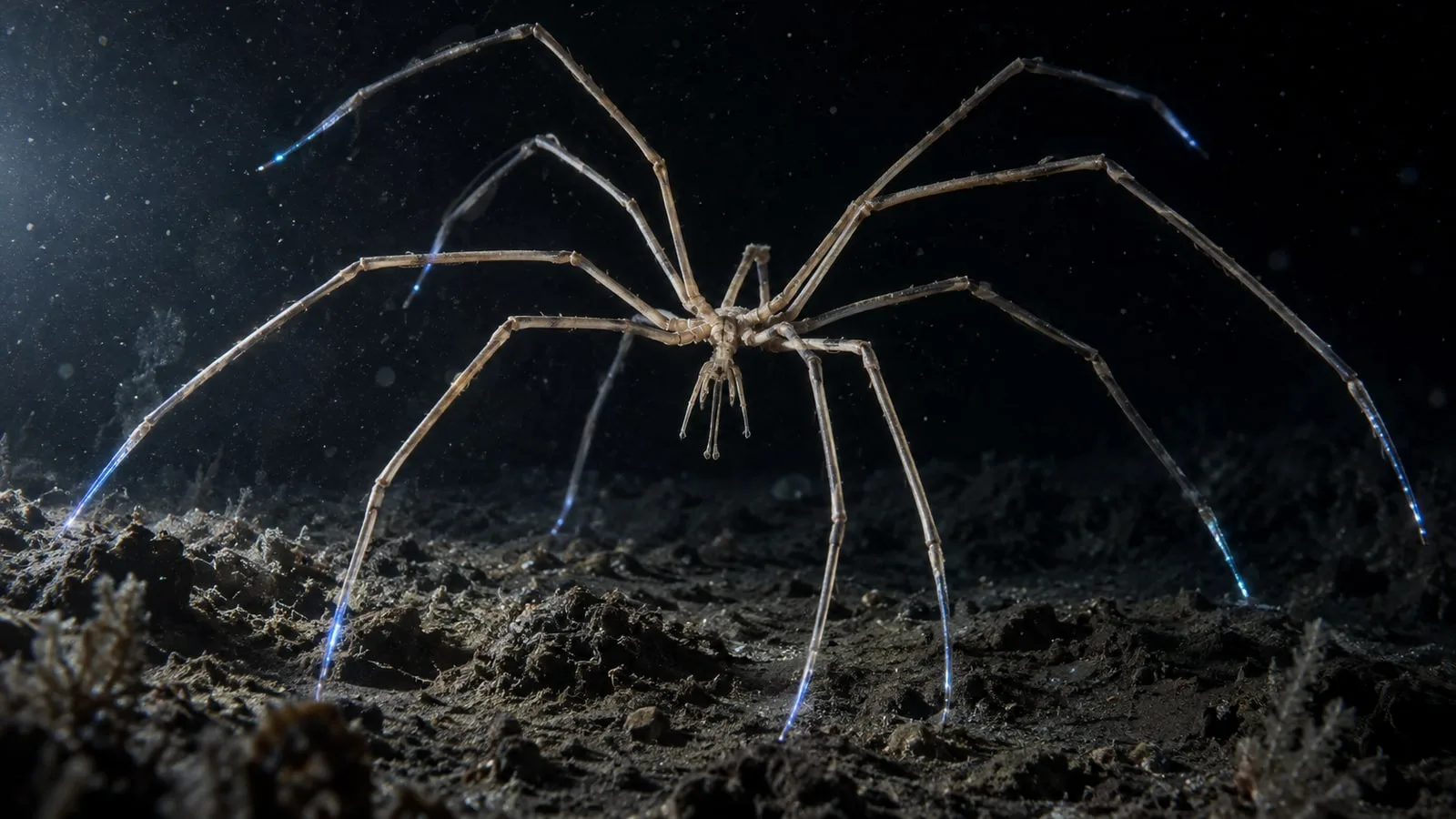 Глубоководный морской паук со слабым голубым свечением ног. Условная фотореалистичная ИИ-реконструкция.