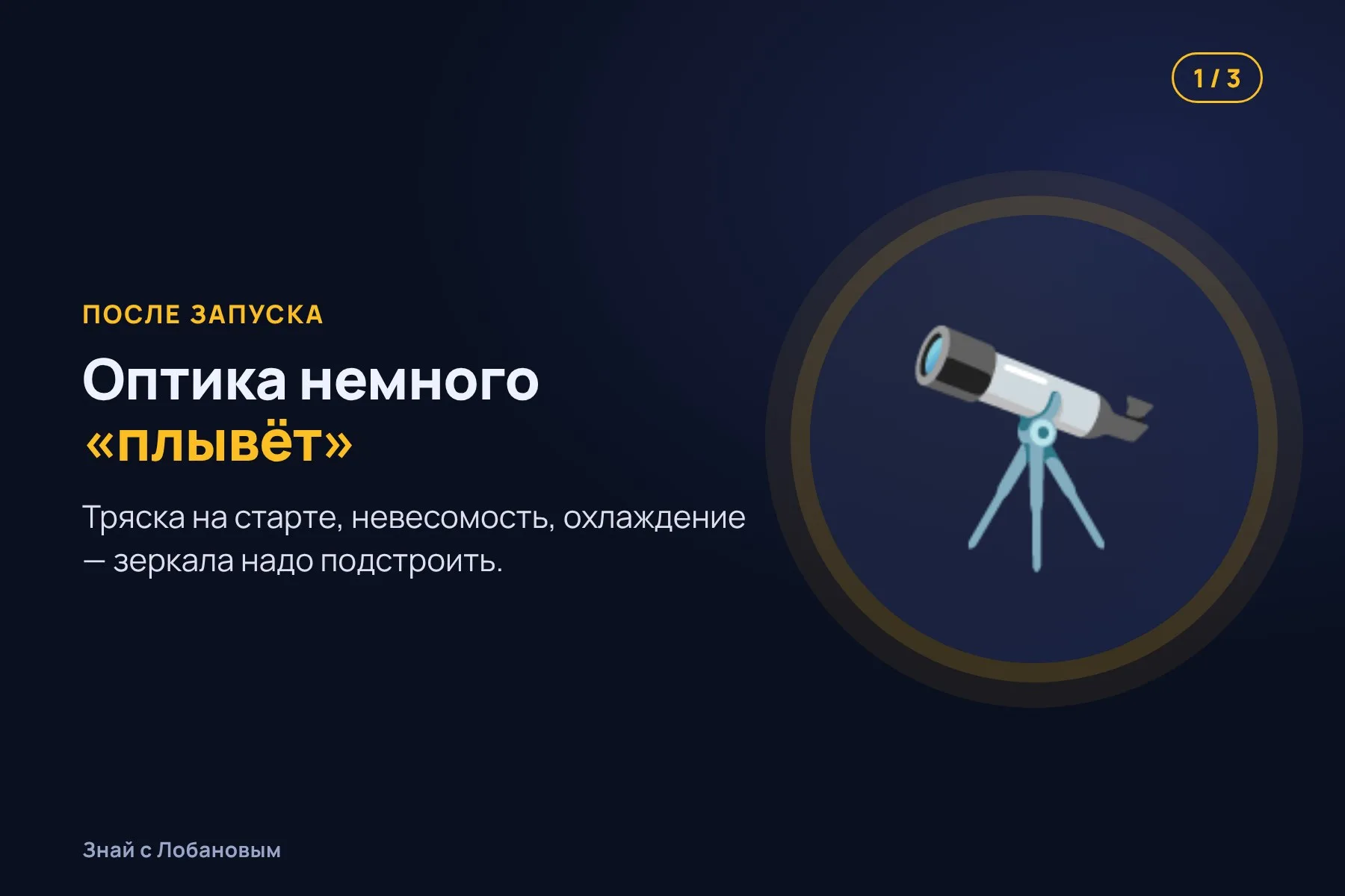 1. После запуска оптика телескопа немного «плывёт». Иллюстрация: «Знай с Лобановым» по данным NASA, условно · 2. Инженеры сдвигают вторичное зеркало на 1/16 толщины волоса. Иллюстрация: «Знай с Лобановым» по данным NASA, условно · 3. Изображение становится резче, чем требовал проект. Иллюстрация: «Знай с Лобановым» по данным NASA, условно — 1 из 3