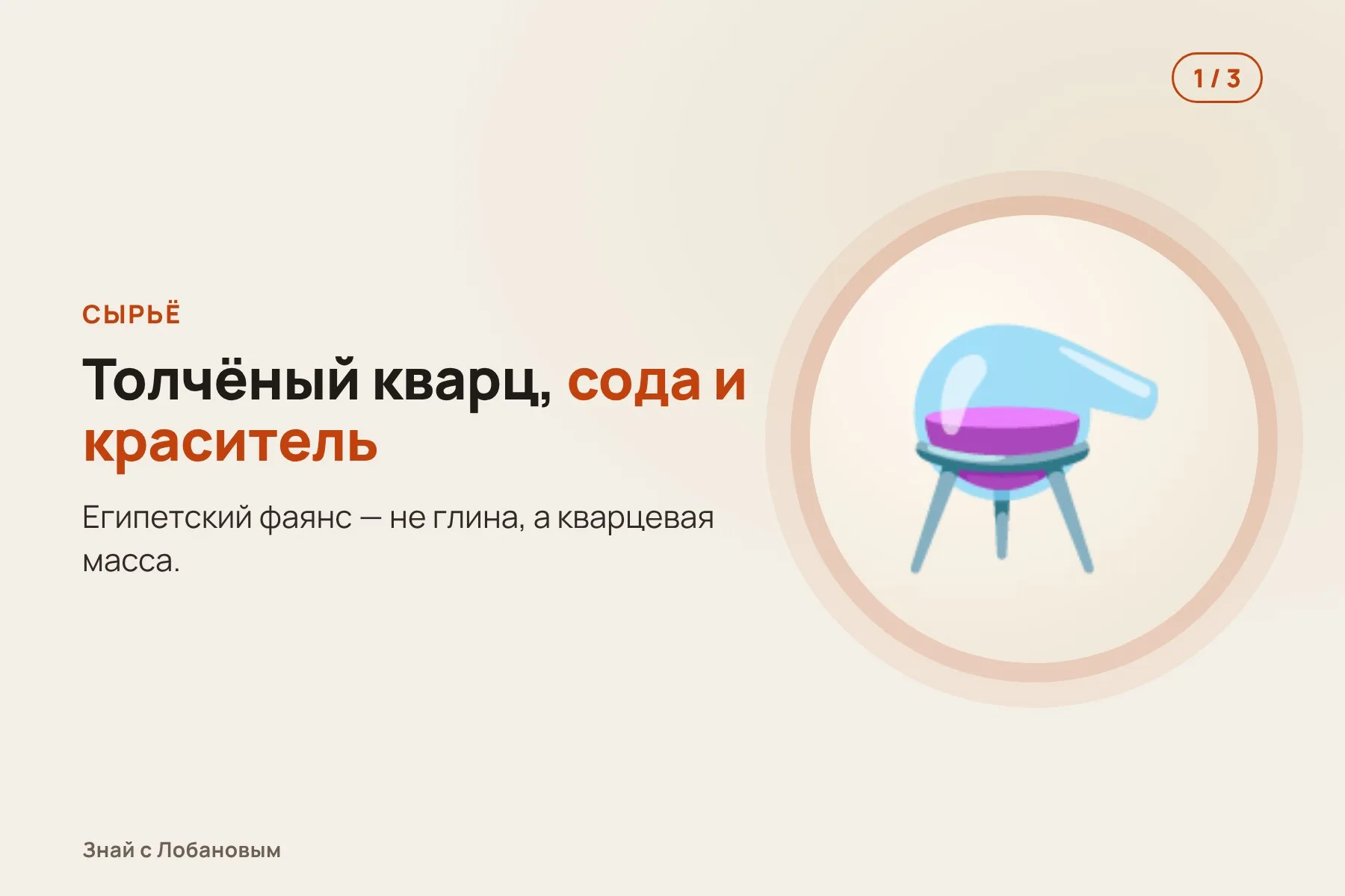 1. Кварцевую массу с содой и красителями лепят в формы. Иллюстрация: «Знай с Лобановым» по данным Antiquity, условно · 2. Изделия обжигают в ямах у стен храма. Иллюстрация: «Знай с Лобановым» по данным Antiquity, условно · 3. Получаются блестящие бусы и фигурки ушебти для царских погребений. Иллюстрация: «Знай с Лобановым» по данным Antiquity, условно — 1 из 3