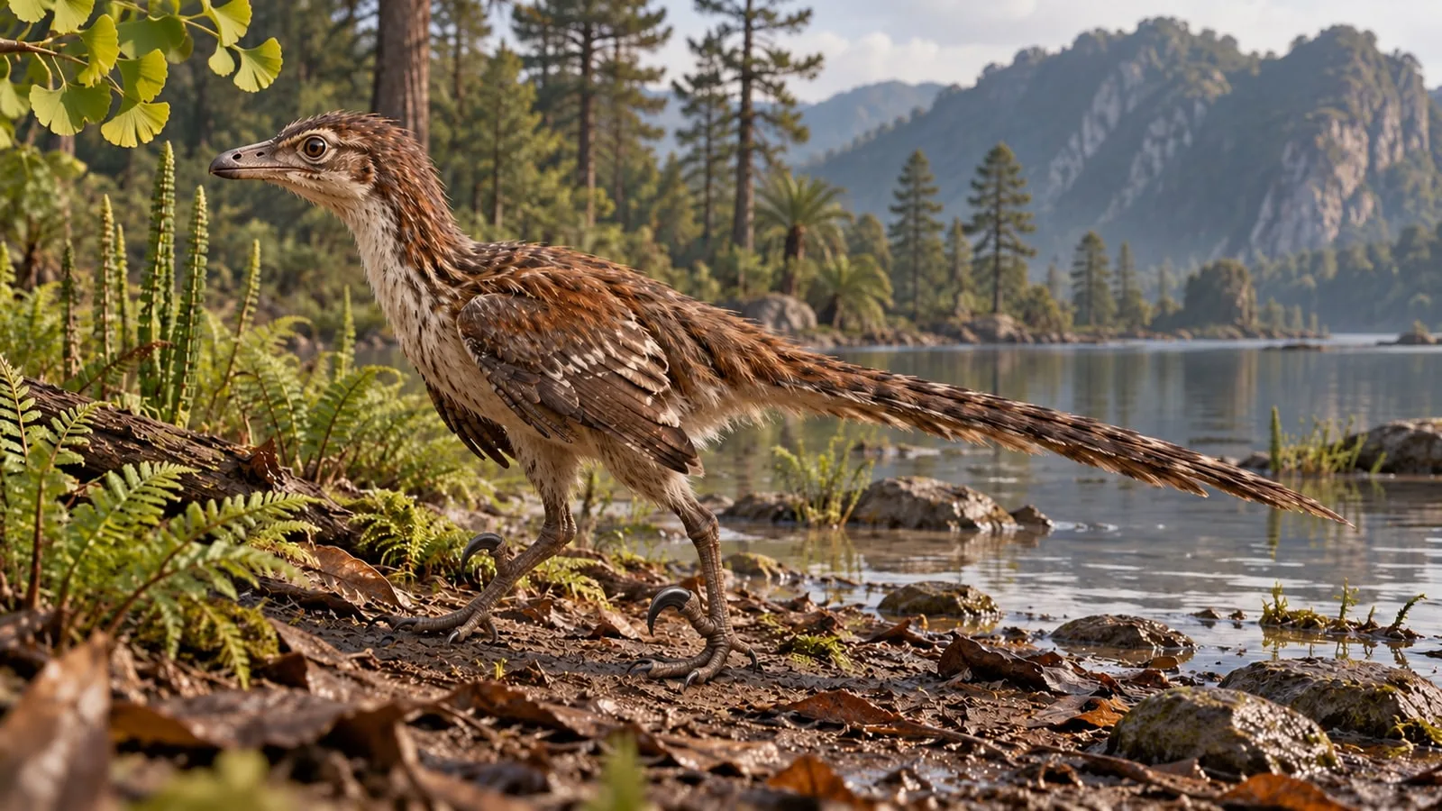 Фотореалистичная ИИ-реконструкция Yuezhuornis: короткие крылья, длинный хвост и приподнятый второй палец стопы с серповидным когтем. Окраска и внешний облик условны.