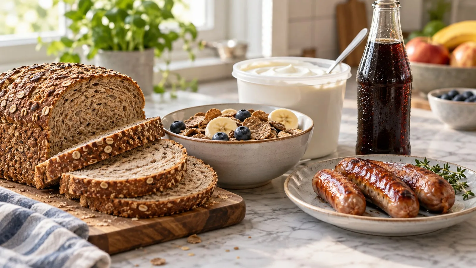 Разные промышленные продукты питания. Фотореалистичная ИИ-иллюстрация к исследованию рациона.