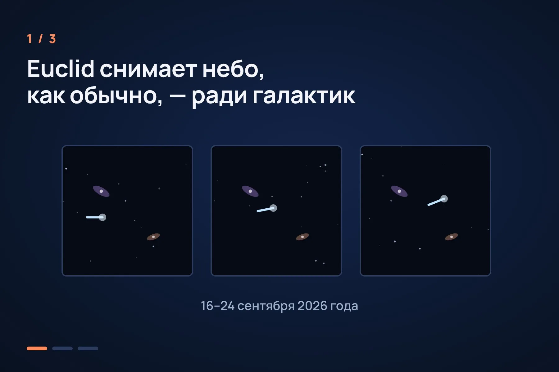 1. С 16 по 24 сентября 2026 года Euclid снимает свои участки неба, как обычно — в поисках галактик · 2. Программа аспиранта Микко Пёнтинена замечает слабую смещающуюся чёрточку с размытой головой · 3. В каталогах совпадений нет, наземные телескопы подтверждают объект, и 8 октября его признают новой кометой. Иллюстрация: «Знай с Лобановым» по данным ЕКА, условно — 1 из 3