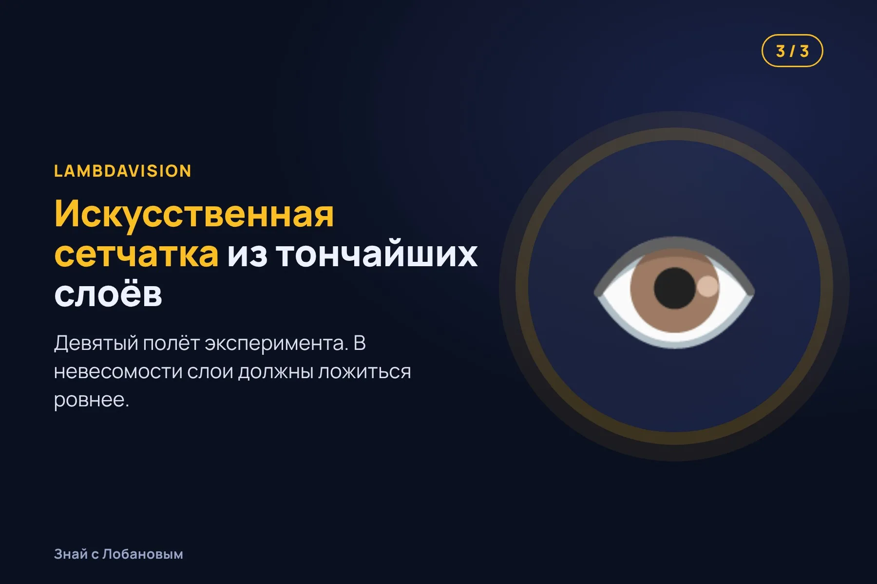 1. Органоиды мозга — крошечные комочки нервных клеток из стволовых клеток человека. Иллюстрация: «Знай с Лобановым» по данным NASA, условно · 2. Трёхмерные модели сердечной ткани проверяют, как сердце меняется в невесомости. Иллюстрация: «Знай с Лобановым» по данным NASA, условно · 3. Искусственную сетчатку собирают из тончайших слоёв, которые в невесомости ложатся ровнее. Иллюстрация: «Знай с Лобановым» по данным NASA, условно — 3 из 3