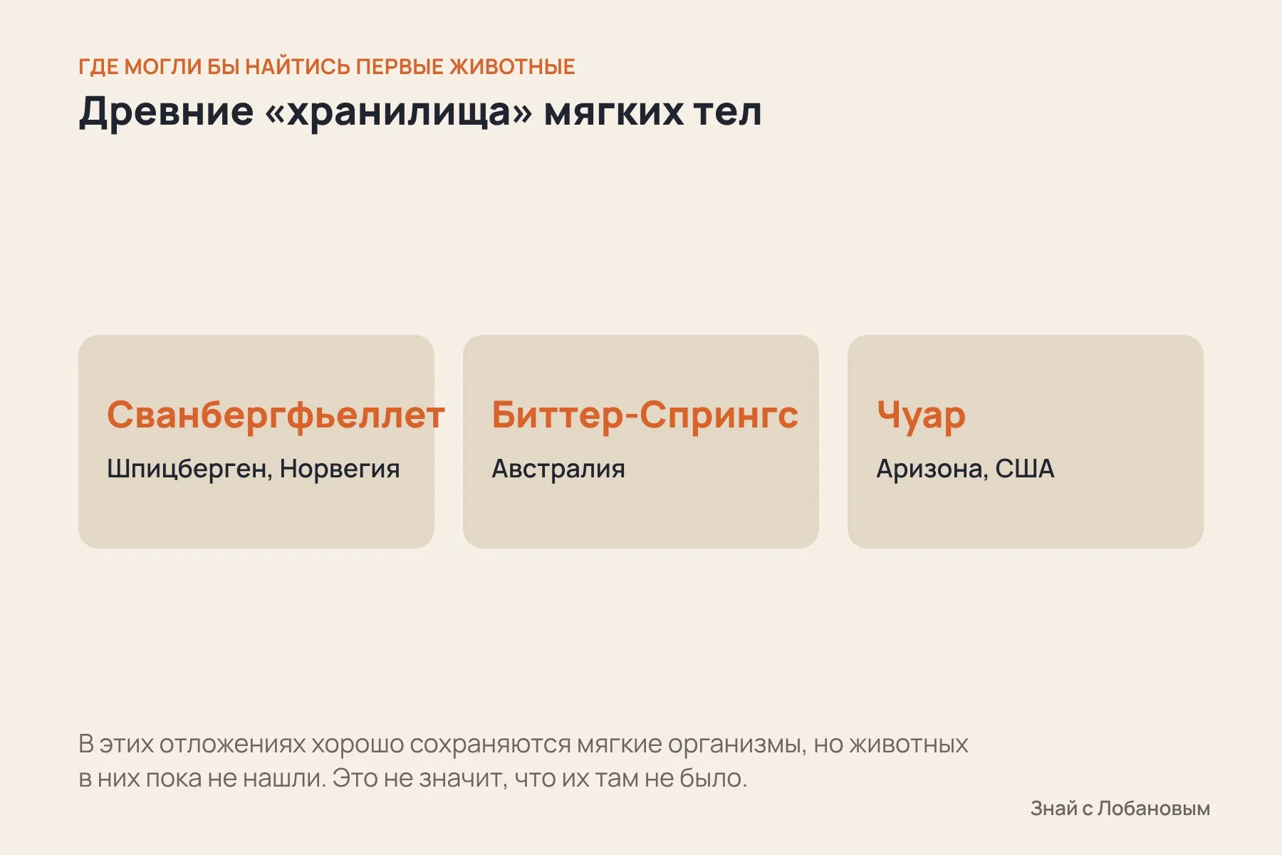 Древние отложения, способные сохранять мягкие организмы: Сванбергфьеллет (Шпицберген, Норвегия), Биттер-Спрингс (Австралия), Чуар (Аризона, США). Схема: «Знай с Лобановым» по данным Science Advances
