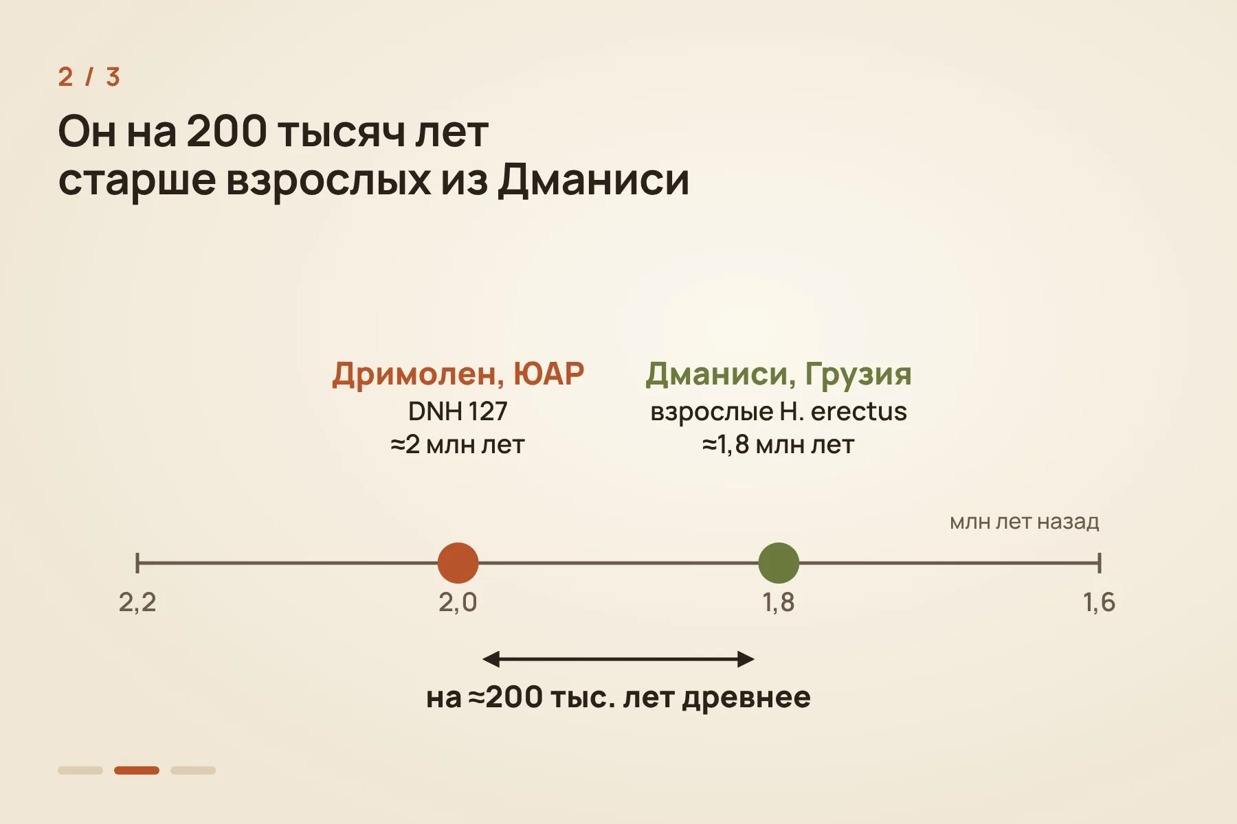 1. Находка DNH 127 — несколько обломков черепа; на род Homo указали шов между височной и теменной костями и форма сосцевидного отростка · 2. Возраст находки около 2 млн лет: она примерно на 200 тысяч лет старше взрослых Homo erectus из Дманиси · 3. Взрослая находка подтверждает вывод по детскому черепу, найденному в той же пещере в 2020 году. Иллюстрация: «Знай с Лобановым» — 2 из 3