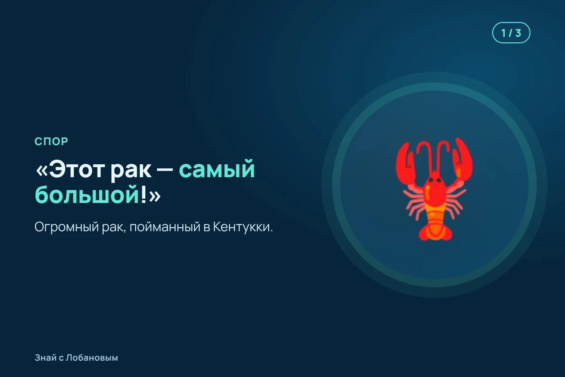 1. Спор: «Мой рак — самый большой!» — «Вряд ли». Иллюстрация: «Знай с Лобановым» по данным Ecology, условно · 2. Биологи и музеи по всей стране измеряют самых крупных раков в коллекциях. Иллюстрация: «Знай с Лобановым» по данным Ecology, условно · 3. Победитель — теннессийский рак с панцирем 86,6 миллиметра. Иллюстрация: «Знай с Лобановым» по данным Ecology, условно — 1 из 3