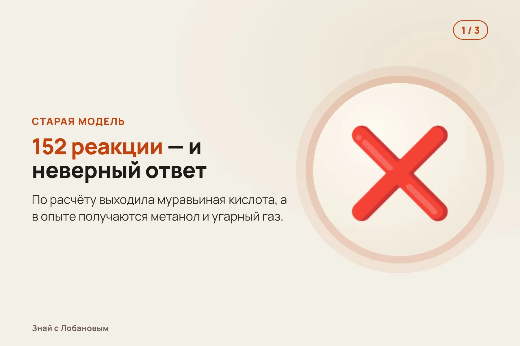 1. Старая модель: 152 реакции — и неверный ответ (муравьиная кислота вместо метанола). Иллюстрация: «Знай с Лобановым» по данным Nature Communications, условно · 2. Программа перебирает все реакции между 105 частицами на меди — получается 9389 шагов. Иллюстрация: «Знай с Лобановым» по данным Nature Communications, условно · 3. Машинное обучение быстро оценивает каждую реакцию, и новая модель совпадает с опытом. Иллюстрация: «Знай с Лобановым» по данным Nature Communications, условно — 1 из 3