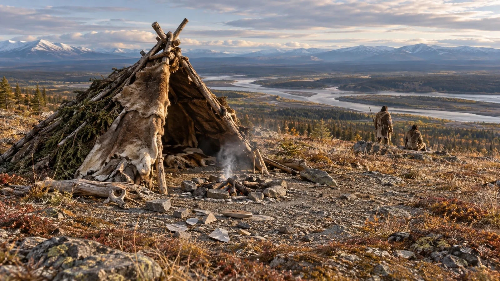 Возможный облик временного лагеря первых жителей Аляски. Условная фотореалистичная ИИ-реконструкция.