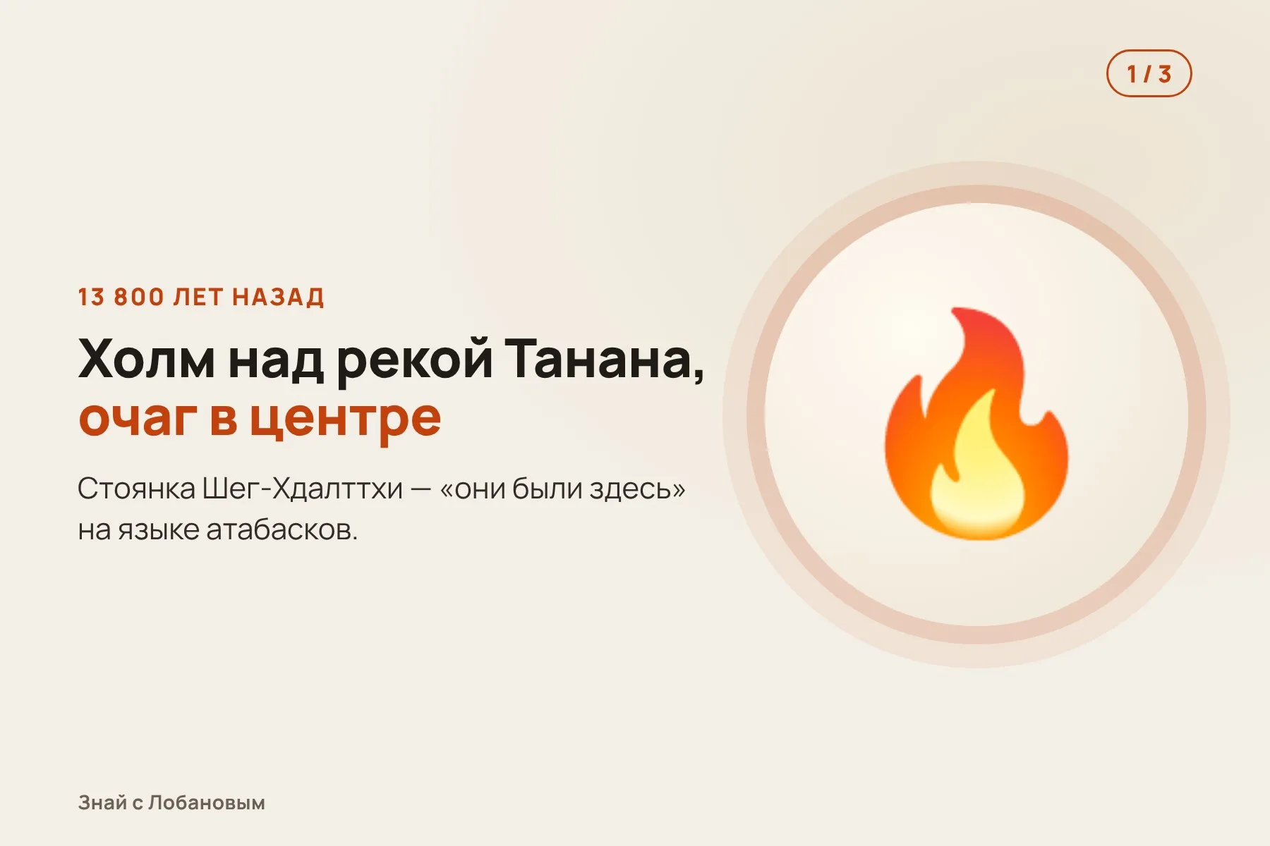1. Стоянка на холме над рекой Танана: очаг в центре. Иллюстрация: «Знай с Лобановым» по данным Science Advances, условно · 2. Рядом — яма для припасов и круглое пятно от сгнившего деревянного столба. Иллюстрация: «Знай с Лобановым» по данным Science Advances, условно · 3. Вместе это похоже на лёгкое жилище — шалаш или навес у огня. Иллюстрация: «Знай с Лобановым» по данным Science Advances, условно — 1 из 3