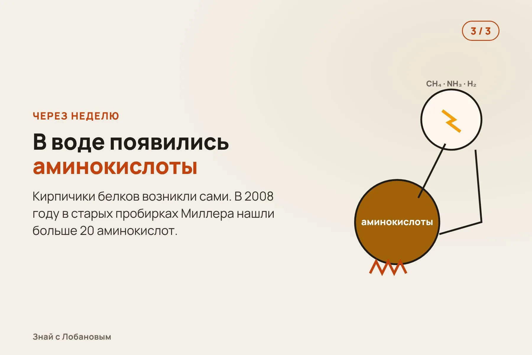 1. В нижней колбе кипит вода — «океан» молодой Земли. Схема: «Знай с Лобановым» по данным Miller, Science, 1953, условно · 2. В верхней — метан, аммиак и водород, сквозь них бьют искры-«молнии». Схема: «Знай с Лобановым» по данным Miller, Science, 1953, условно · 3. Через неделю вода стала бурой: в ней нашлись аминокислоты — кирпичики белков. Схема: «Знай с Лобановым» по данным Miller, Science, 1953, условно — 3 из 3