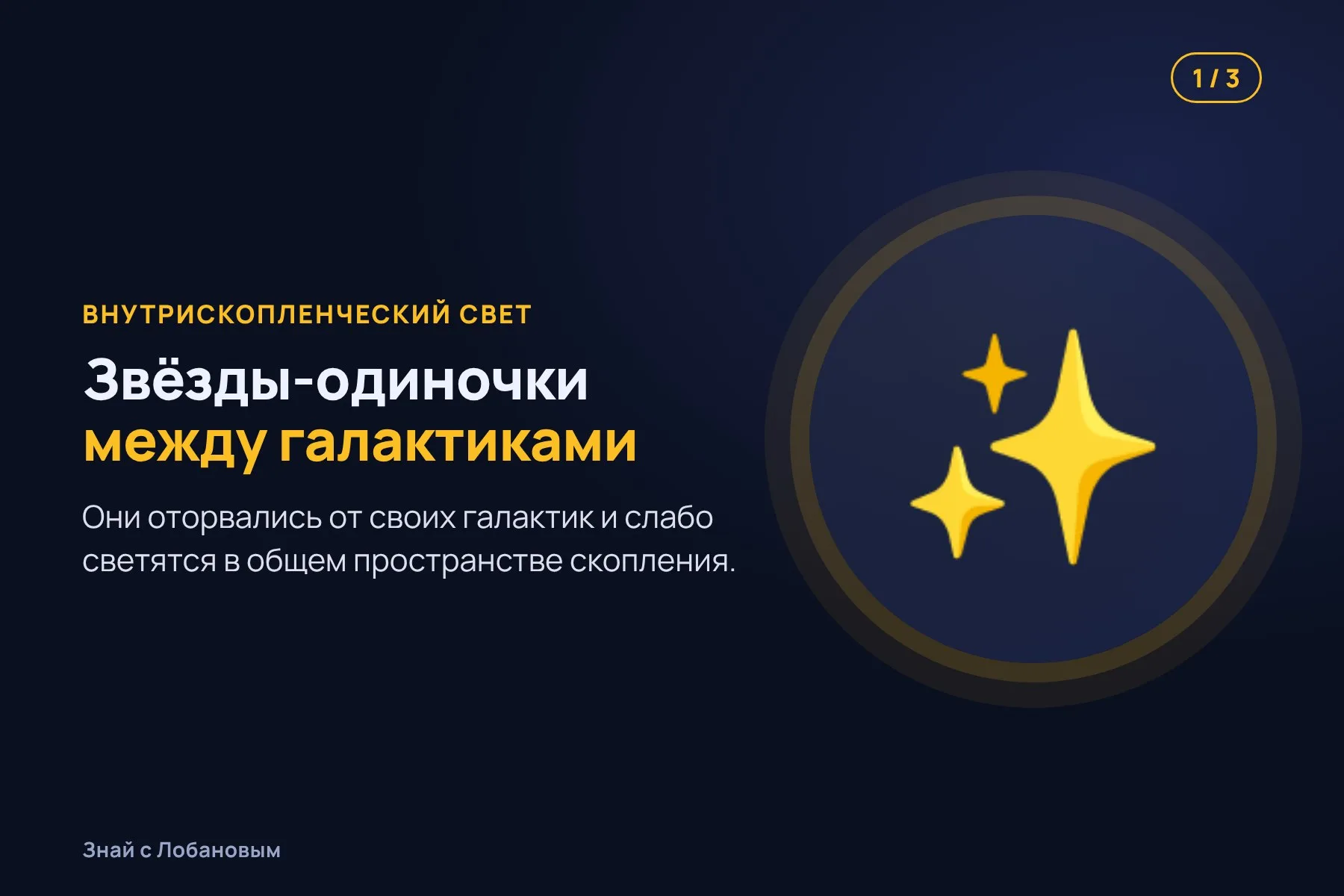1. Звёзды, оторвавшиеся от галактик, слабо светятся между ними. Иллюстрация: «Знай с Лобановым» по данным NASA, условно · 2. Этот свет повторяет форму «колодца», который создаёт тёмная материя. Иллюстрация: «Знай с Лобановым» по данным NASA, условно · 3. Карта показывает: тёмная материя в центре скопления собрана неожиданно плотно. Иллюстрация: «Знай с Лобановым» по данным NASA, условно — 1 из 3