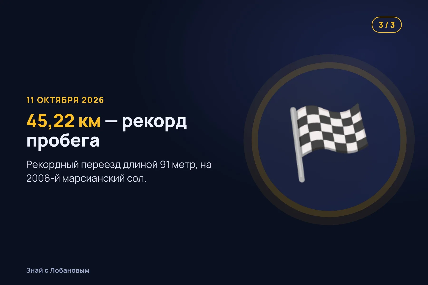 1. 2021 год: Perseverance садится в кратер Езеро. Иллюстрация: «Знай с Лобановым» по данным NASA, условно · 2. Автопилот сам прокладывает путь между камнями и ускоряет переезды. Иллюстрация: «Знай с Лобановым» по данным NASA, условно · 3. 11 октября 2026 года: 45,22 км — новый рекорд пробега на другом мире. Иллюстрация: «Знай с Лобановым» по данным NASA, условно — 3 из 3