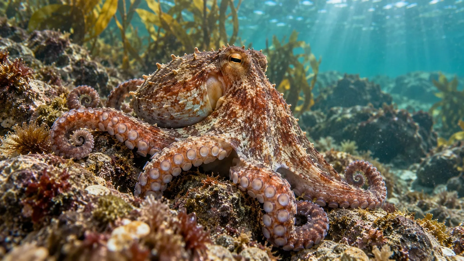 Фотореалистичная ИИ-иллюстрация осьминога на каменистом морском дне.